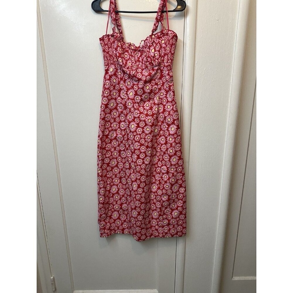 Free People Lucinda Floral Print Midi Dress L Tomato Daisy Smocked Back NWT $148